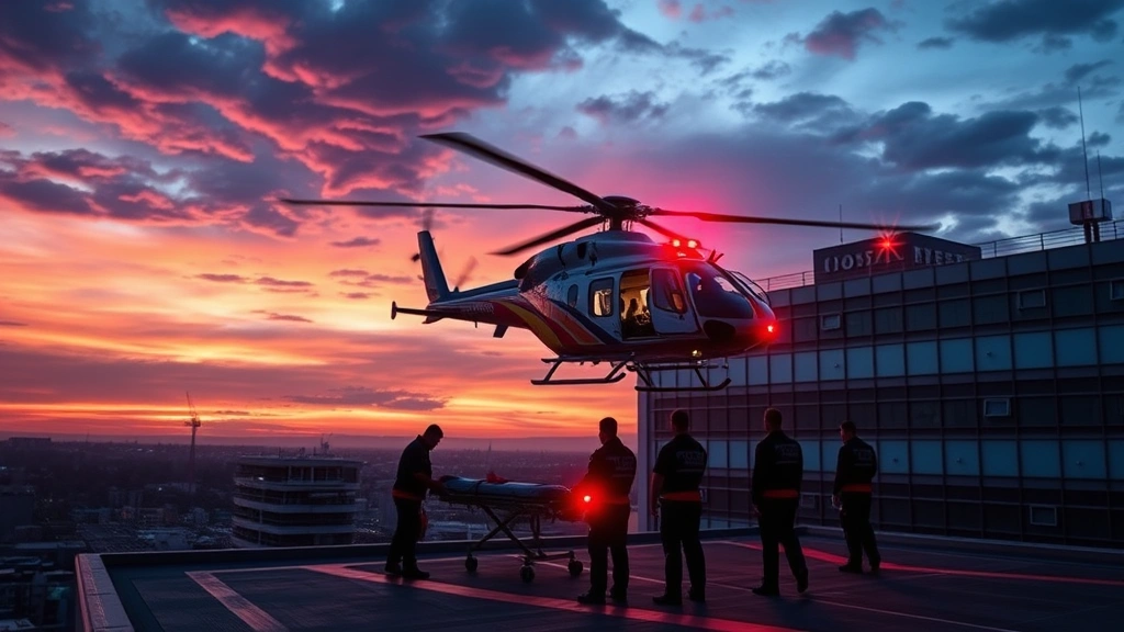 Helicopter air ambulance landing on hospital rooftop helipad during sunset, medical team standing ready with stretcher, dramatic emergency medical scene