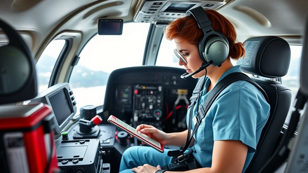 Flight nurse in full aviation medical gear checking equipment inside helicopter cabin, professional medical environment, detailed medical instruments and monitoring devices visible