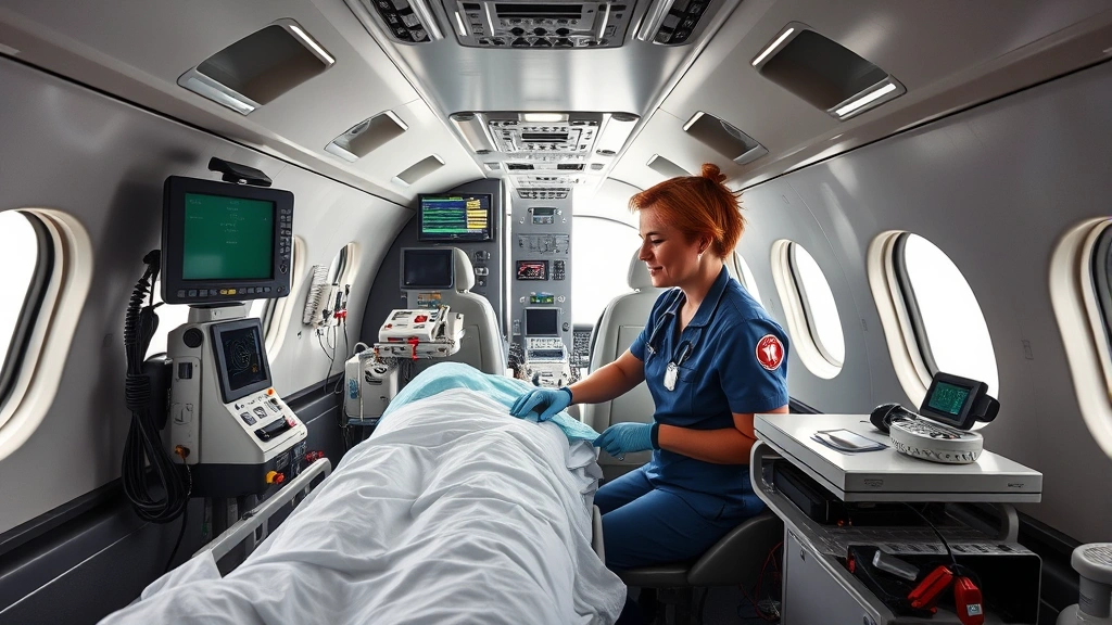 Fixed-wing aircraft interior showing medical transport setup with patient monitoring equipment, flight nurse tending to patient during critical care transport, professional medical aviation environment