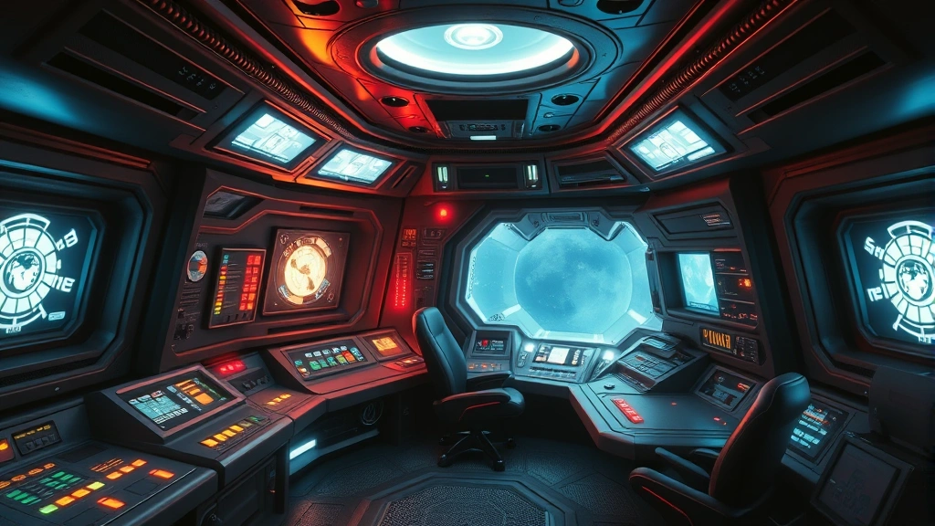 Nostalgic 1980s spaceship interior with glowing controls and futuristic design, cinematic lighting, realistic sci-fi atmosphere