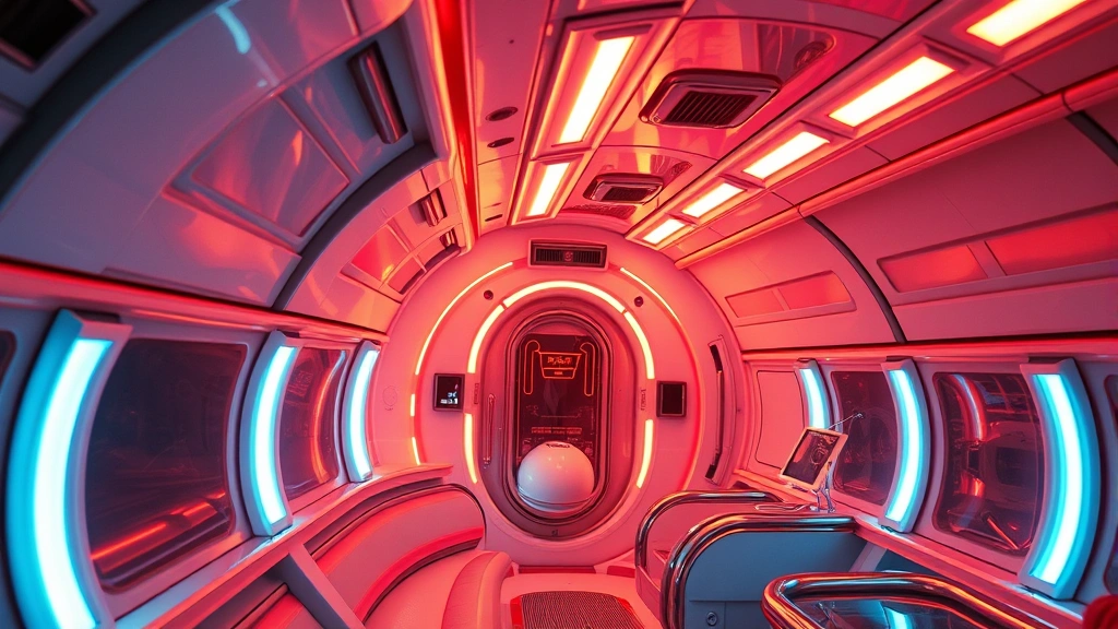 Vintage 1986 retro spaceship interior with glowing neon lights and curved chrome surfaces, nostalgic science fiction aesthetic, cinematic lighting