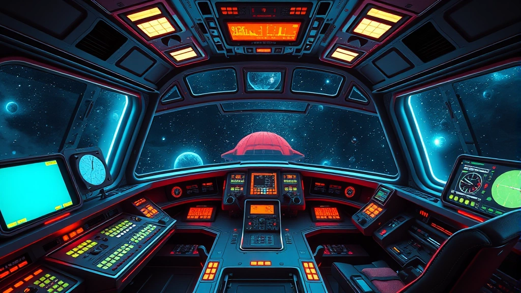 Futuristic spacecraft interior with glowing controls and windows showing stars, cinematic sci-fi adventure atmosphere, 1980s retro-futuristic design aesthetic, vibrant neon and metallic surfaces reflecting cosmic light, photorealistic detailed spaceship cockpit