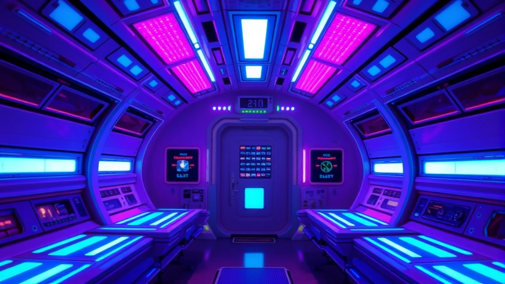 A vibrant 1980s-style spacecraft interior with neon blue and purple lighting, sleek curved walls, and glowing control panels, cinematic sci-fi aesthetic, no text or signage visible
