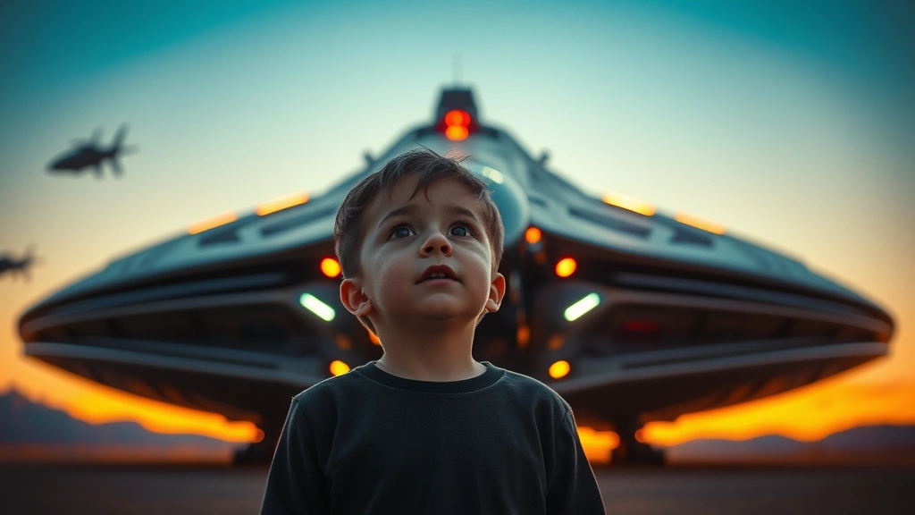 Young boy standing amazed in front of advanced alien spacecraft, wonder-filled expression, sunset lighting, practical film set aesthetic