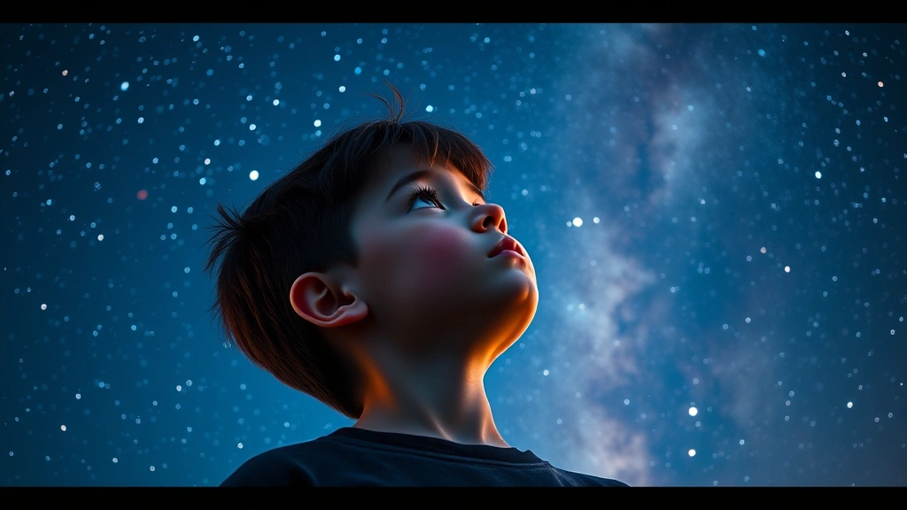 Young boy in wonder looking up at night sky filled with stars and distant planets, sense of adventure and discovery, dramatic lighting with silhouette against starfield, cosmic exploration theme, photorealistic cinematic composition