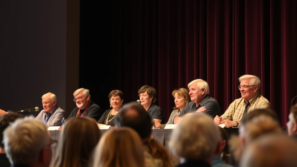 Reunion panel of 1980s film cast members at convention, fans in audience, warm stage lighting, authentic behind-the-scenes moment