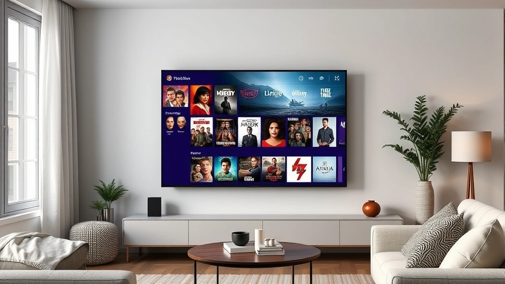 Modern streaming platform interface on television screen showing classic film collection, contemporary home entertainment setup with cozy living room