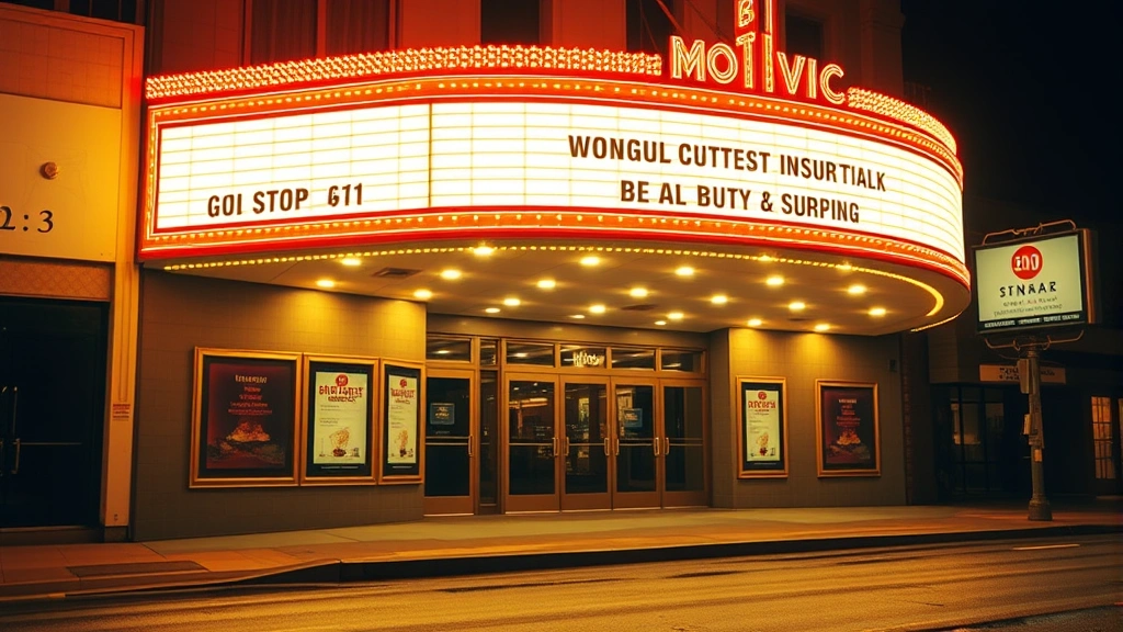 Vintage 1980s movie theater marquee at night with bright lights and nostalgic signage, retro cinema architecture, warm golden lighting reflecting off wet pavement, classic Americana entertainment venue, photorealistic architectural detail