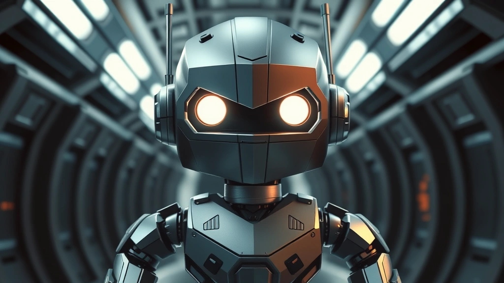 A retro futuristic robot character with distinctive geometric design, glowing eyes, metallic surfaces catching light, standing in a spacecraft corridor with atmospheric lighting, no visible text