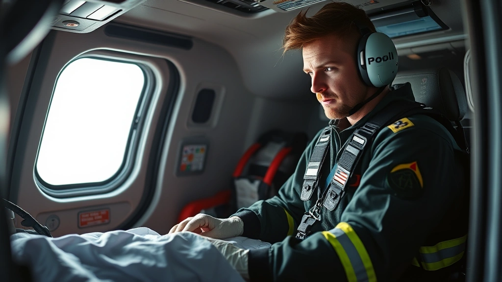 Paramedic in flight suit performing patient care inside helicopter cabin during emergency transport, focused expression, professional medical equipment visible, realistic interior lighting
