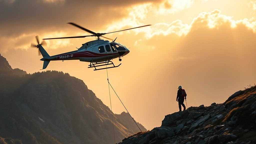 Helicopter landing at mountain rescue scene with paramedic rappelling down cable toward injured hiker in wilderness terrain, dramatic natural landscape background, golden hour lighting