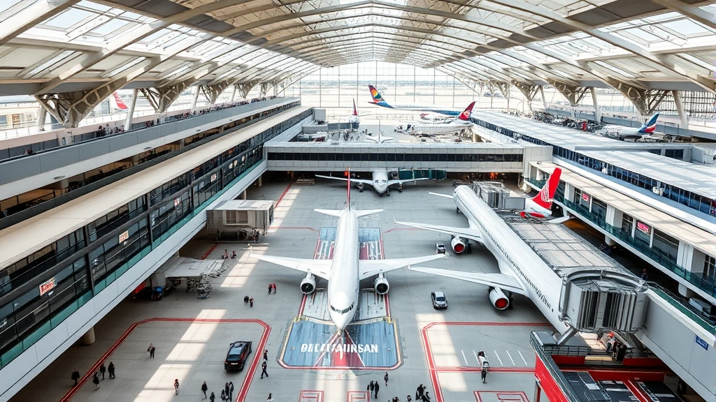 Overhead view of airport terminal with planes parked at gates, modern architecture, natural lighting through skylights, bustling passenger movement