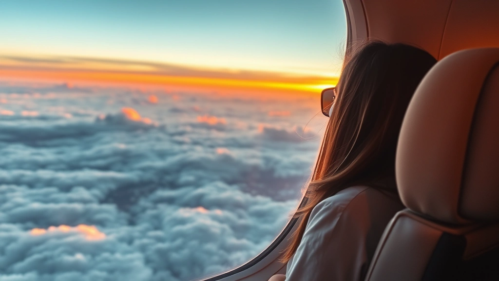 Passenger gazing out airplane window at sunset over clouds, warm golden light, comfortable airline seat visible, peaceful travel moment