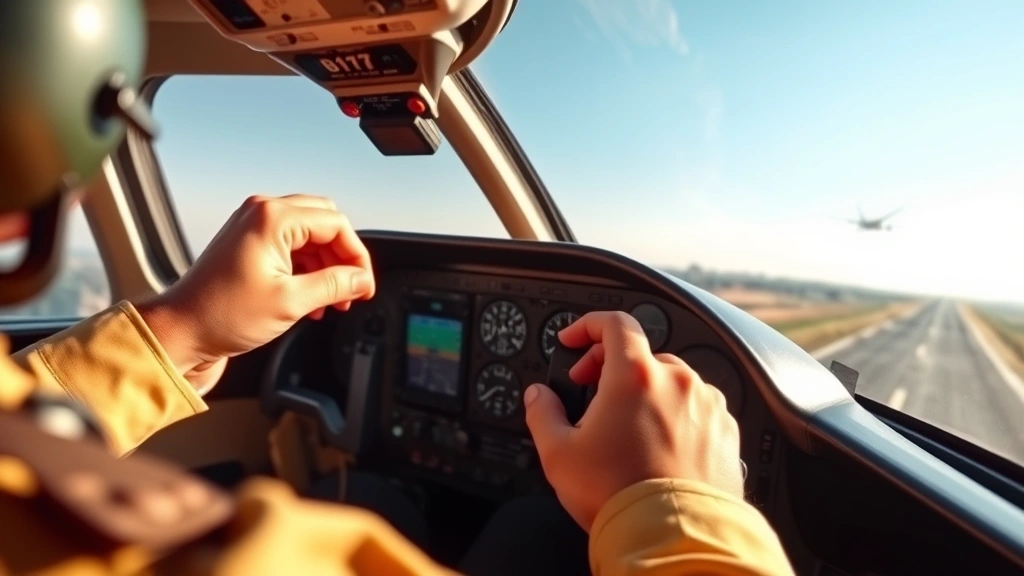 Pilot's hands on flight yoke during smooth approach to runway, sunlit cockpit interior, instrument panel reflecting realistic flight parameters, concentrated focus on precision control