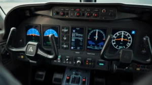 Realistic flight simulator cockpit with yoke, throttle quadrant, and glass display screens showing flight instruments and altitude data in detailed close-up view
