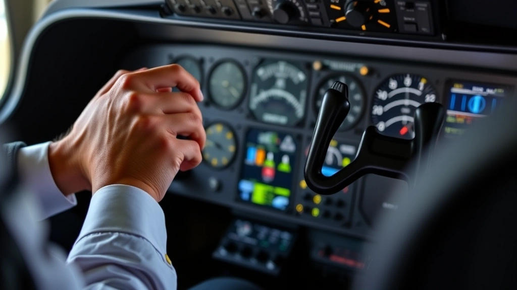 Pilot hands operating flight simulator controls with focus on smooth yoke inputs, demonstrating proper grip and gentle control technique during aircraft maneuver
