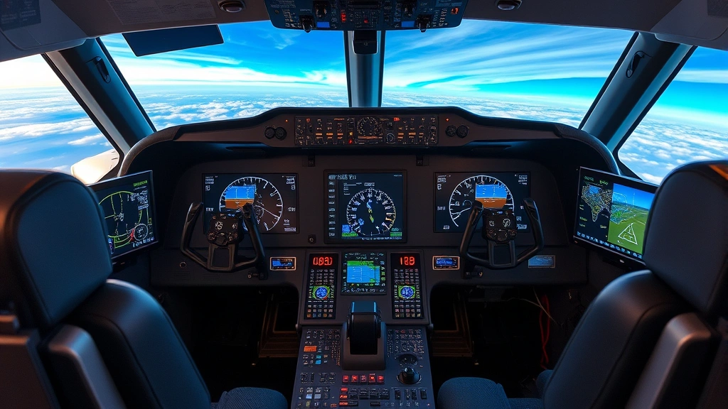 Professional flight simulator setup showing complete cockpit configuration with multiple monitors displaying navigation charts, aircraft systems, and realistic sky scenery through windscreen