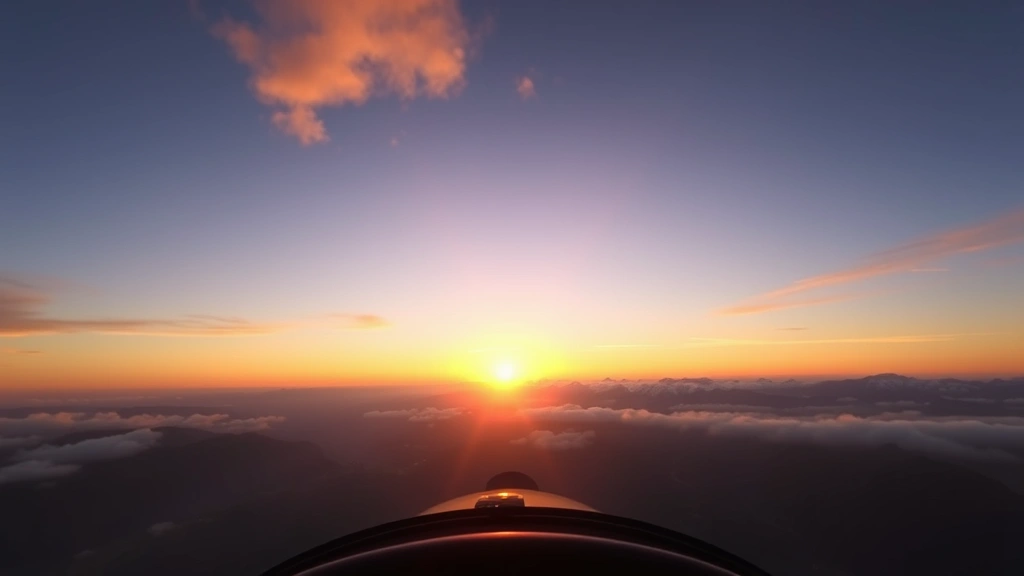 Photorealistic cockpit view from small aircraft flying over mountain range at sunset with volumetric clouds, no HUD text visible, serene landscape below