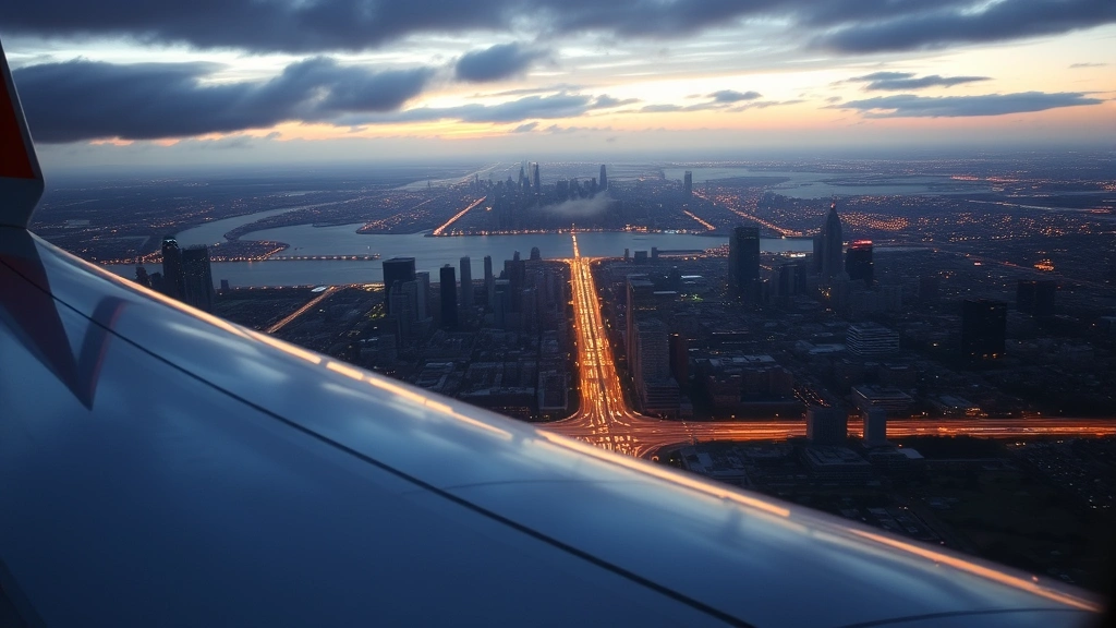 Aerial perspective of major metropolitan city at dusk with runway lights visible, aircraft wing in foreground, realistic atmospheric lighting and weather effects