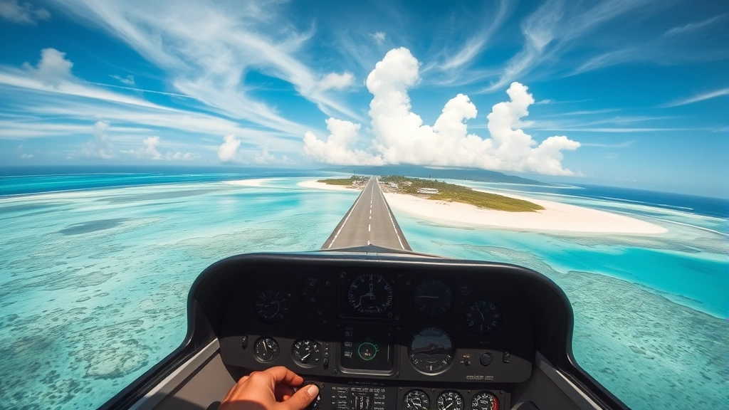 First-person pilot view of aircraft approaching tropical island airport with crystal clear water and white sand beaches visible, dynamic cloud formations overhead, authentic aviation instruments visible in lower frame