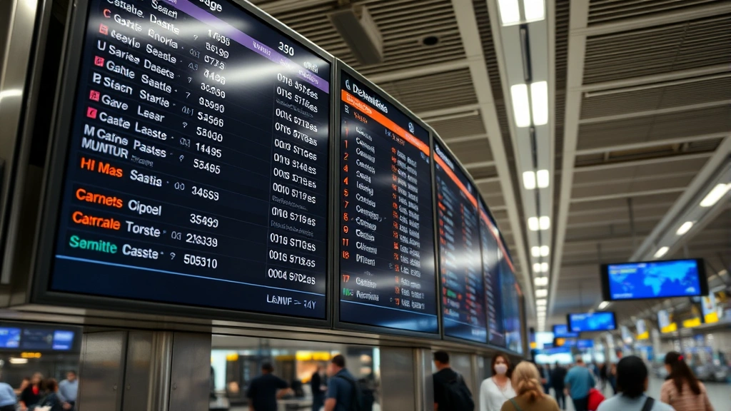Modern airport departure board displaying flight information with multiple destinations and real-time status updates, bright terminal lighting, passengers in background checking boards