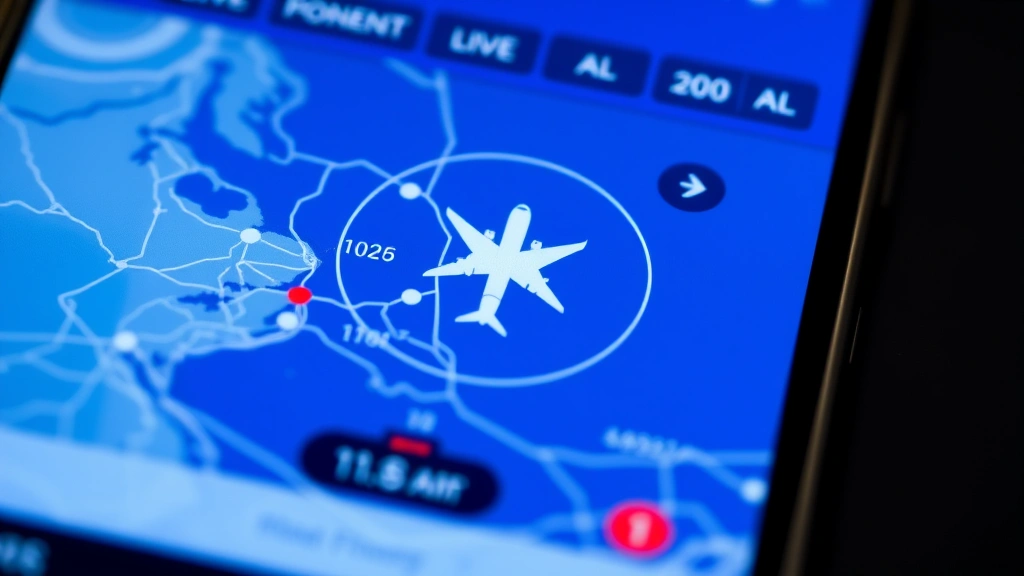 Close-up of smartphone screen showing flight tracking app with live aircraft position on map, altitude and speed indicators, modern interface design with blue and white colors