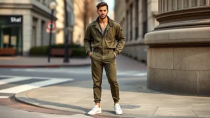 Stylish person wearing olive green flight suit with white sneakers and minimal jewelry, standing confidently on urban street corner with natural lighting