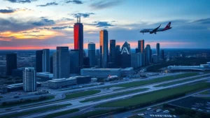 Aerial view of Houston skyline with IAH airport runway visible, modern glass buildings reflecting sunset, commercial aircraft approaching landing, vibrant Texas landscape