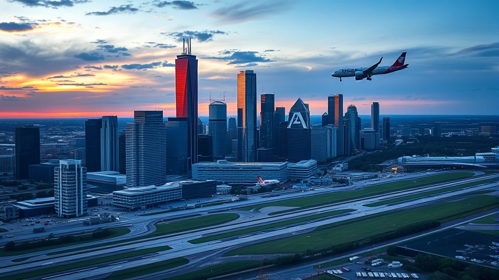 Aerial view of Houston skyline with IAH airport runway visible, modern glass buildings reflecting sunset, commercial aircraft approaching landing, vibrant Texas landscape