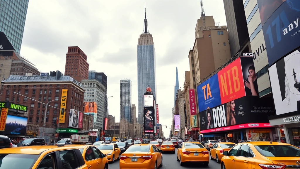 Busy New York City Manhattan skyline with Empire State Building and One World Trade Center prominent, yellow taxis on street below, crowded Times Square area, urban energy and excitement