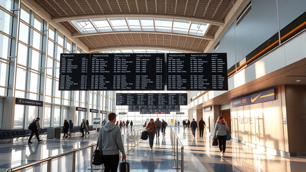 Interior of modern airport terminal with travelers walking through, departure boards showing flight times, natural sunlight streaming through windows, comfortable seating areas, contemporary airport design