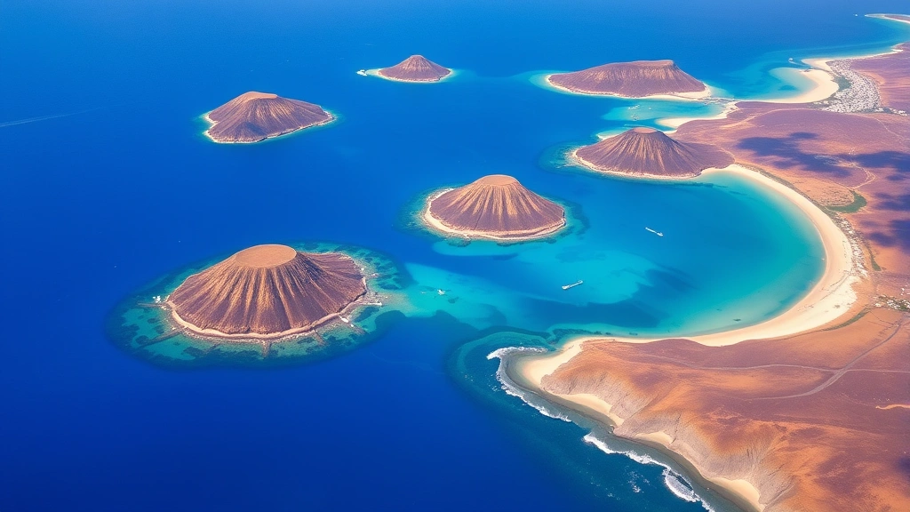 Aerial view of Cape Verde islands showing turquoise ocean waters surrounding volcanic islands with sandy beaches and white buildings visible on the coast