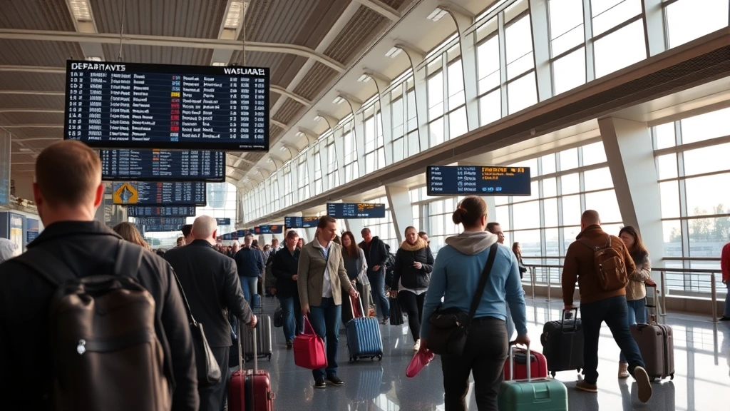 Busy airport terminal with departure boards and travelers checking luggage, modern airport interior with natural lighting, travelers booking flights