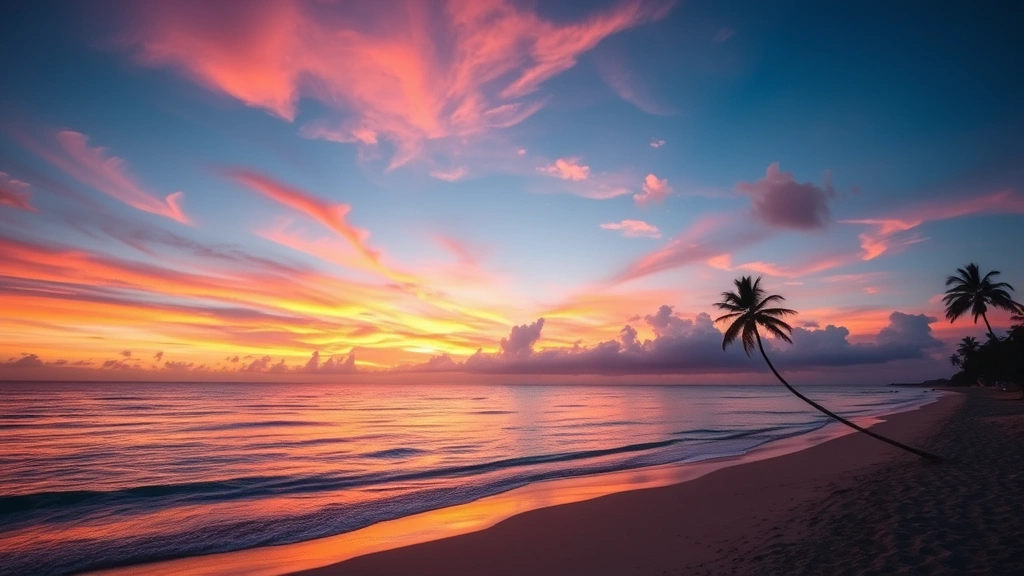 Sunset over Cape Verde beach with dramatic sky colors reflecting on calm ocean water, palm trees silhouetted against orange and pink sky