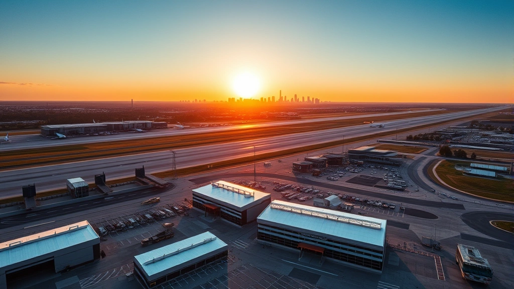Aerial view of Buffalo Niagara International Airport terminal buildings with runway infrastructure and New York skyline visible in distance, golden hour lighting, photorealistic landscape