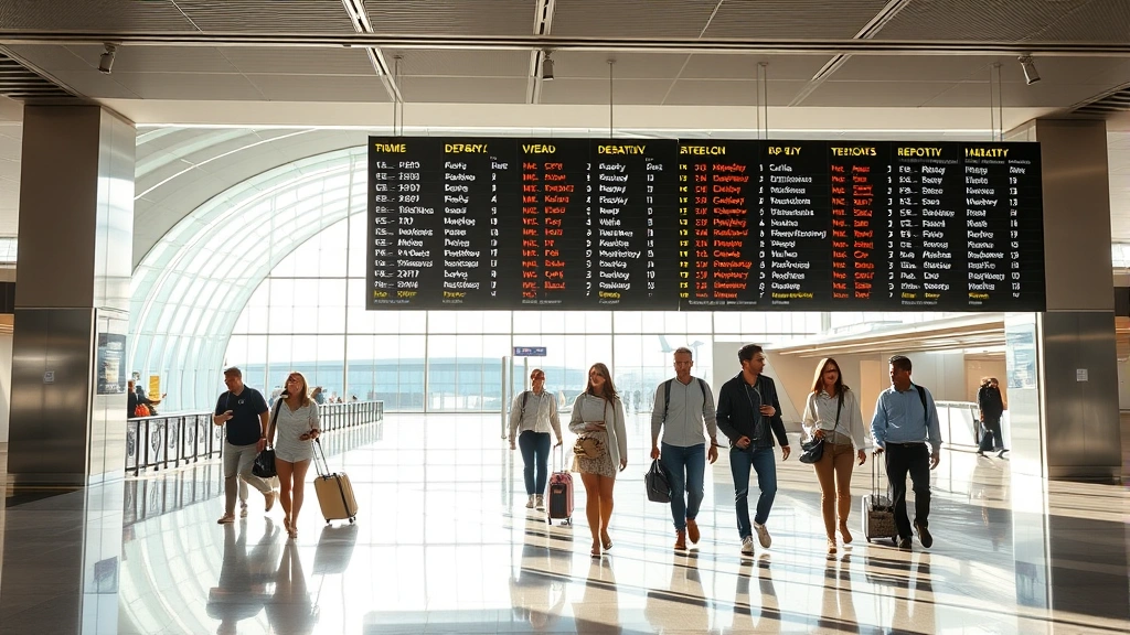 Modern airport departure board showing multiple flight times and destinations with diverse travelers walking through sleek terminal corridor, bright natural lighting, contemporary architecture