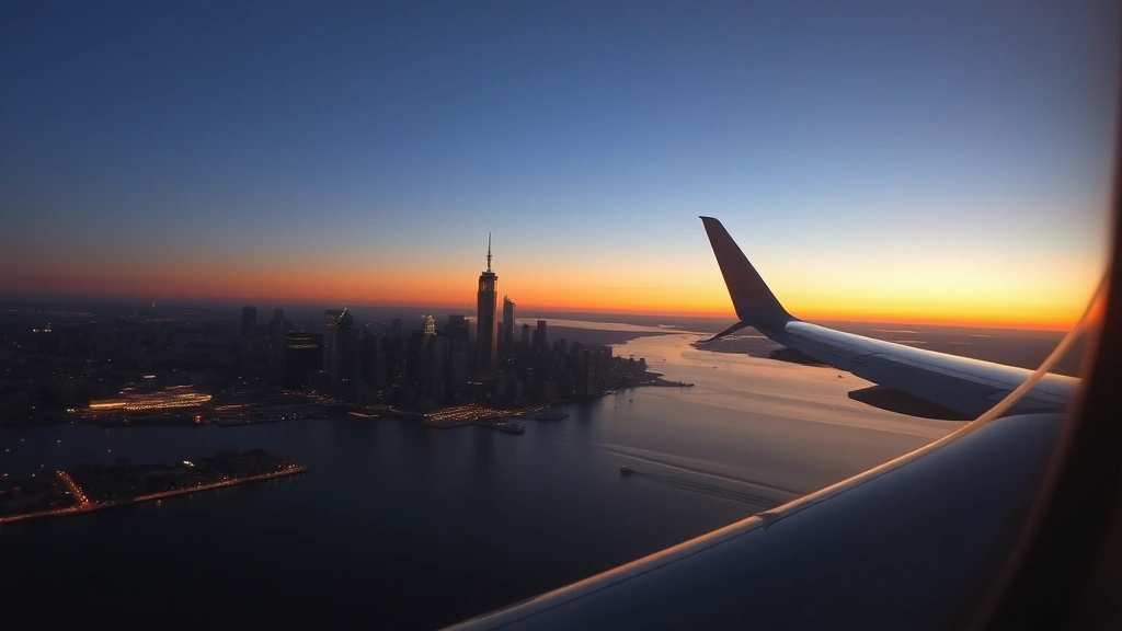 Scenic view of New York City skyline from aircraft window at sunset with Hudson River and city lights beginning to glow, airplane wing visible, photorealistic aerial photography