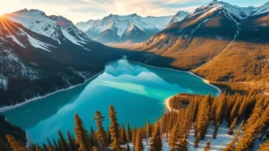 Aerial view of turquoise Lake Louise in Banff National Park surrounded by snow-capped Rocky Mountains and dense pine forests, golden hour lighting, photorealistic