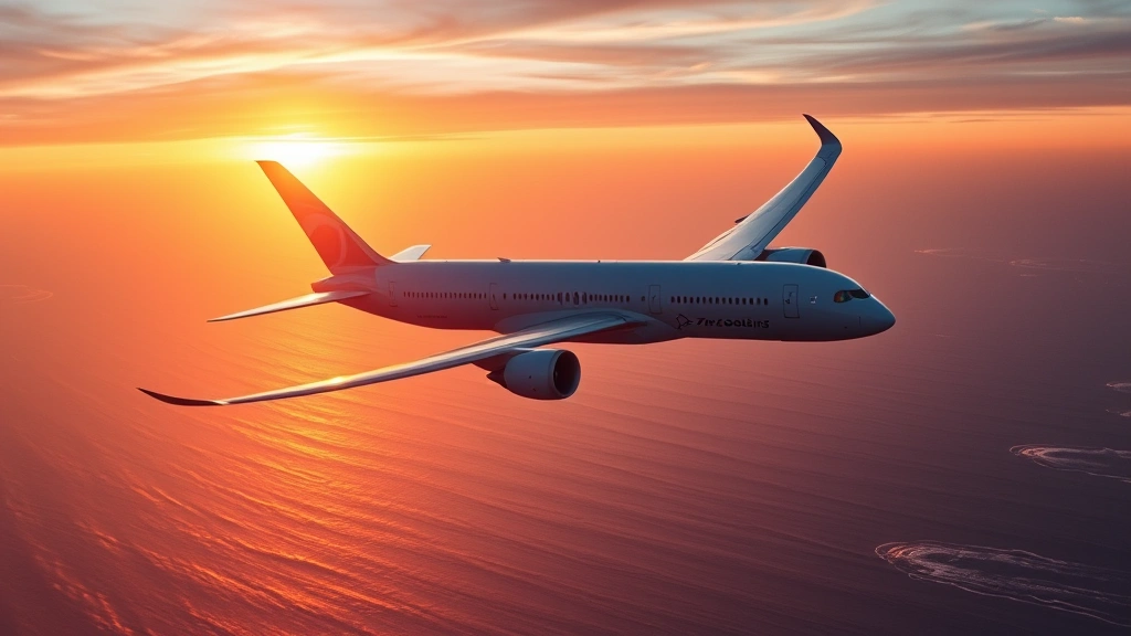 Modern Boeing 787 Dreamliner aircraft cruising over the Pacific Ocean at sunset with golden light reflecting off the wings and ocean below, photorealistic
