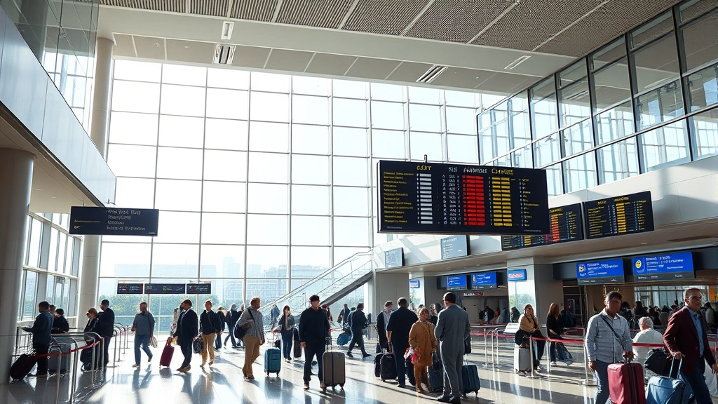 Busy Haneda Airport terminal interior with modern architecture, travelers with luggage, departure boards, and natural light streaming through large windows, photorealistic