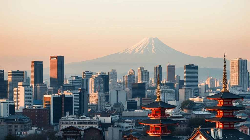Tokyo skyline at dawn with Mount Fuji visible in the distance, modern skyscrapers and traditional temples mixed together, soft morning light, photorealistic