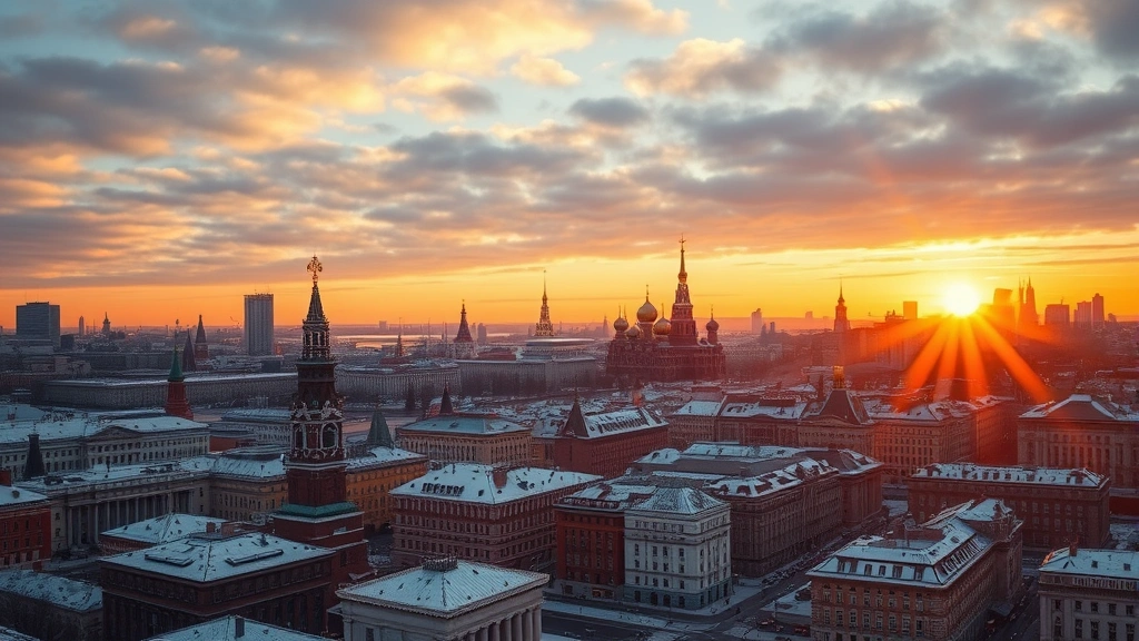 Aerial view of Moscow city skyline with snow-covered buildings and Kremlin visible during winter sunset, golden hour lighting, photorealistic