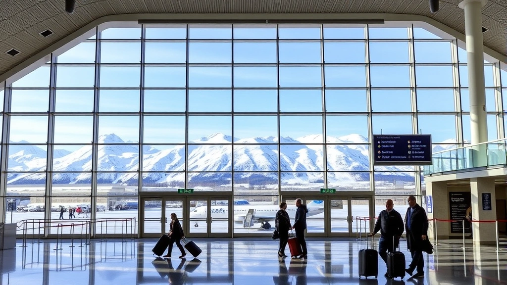 Ted Stevens Anchorage International Airport terminal interior with modern architecture, large windows showing snow-capped mountains, travelers with luggage