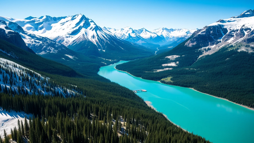 Aerial view of snow-capped Rocky Mountains with turquoise Lake Louise surrounded by evergreen forests and steep mountain peaks, bright sunny day, pristine wilderness landscape