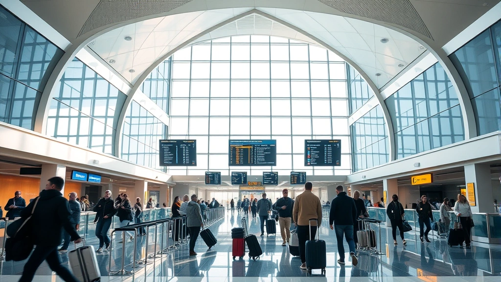 Calgary International Airport terminal interior with modern architecture, travelers with luggage, departure boards, natural light, contemporary airport design