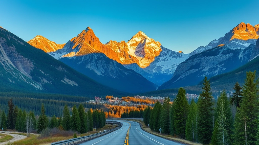 Mountain highway leading toward Banff townsite with dramatic rocky peaks in background, scenic valley, winding road through coniferous forest, golden hour lighting