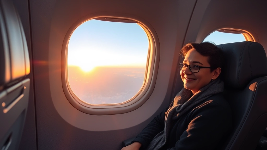 Peaceful passenger sitting by airplane window at sunrise, looking calm and confident, soft golden light streaming in, modern aircraft interior, serene expression