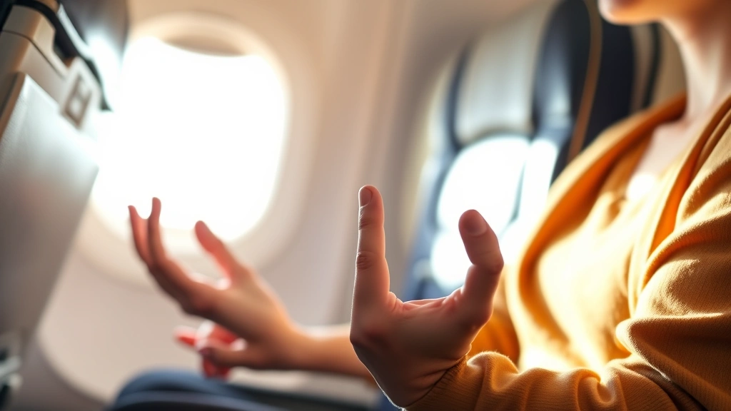Close-up of hands practicing breathing exercise in airplane seat, person in comfortable travel clothes, natural cabin lighting, mindful and grounded posture