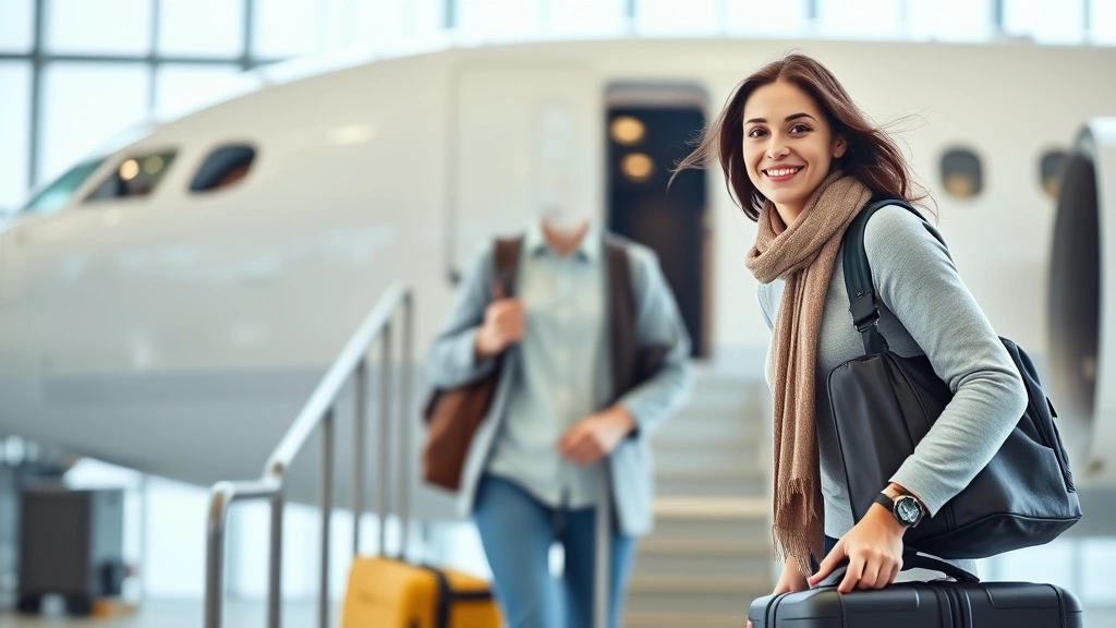 Smiling traveler exiting airplane into airport terminal with luggage, confident body language, modern airport background, sense of accomplishment and relief