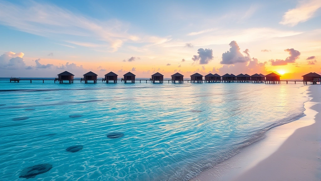 Crystal clear turquoise lagoon with pristine white sand beach and overwater bungalows at sunset, tropical paradise landscape, no text or signage visible